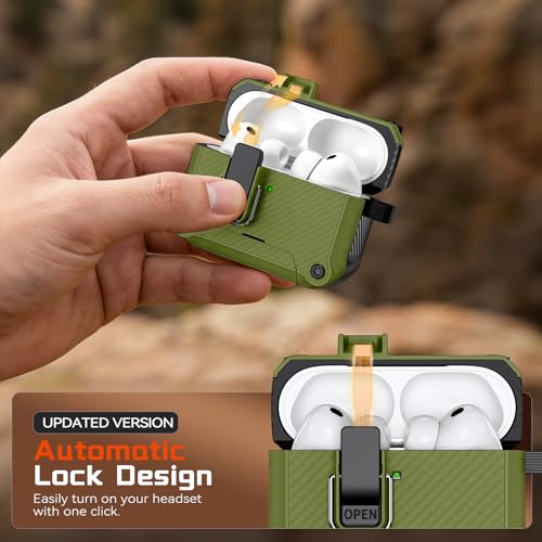 Image of Inesore for AirPods Pro 3 Case with Secure Lock (Dark Green) | Phone Stand Design,Compatible with MagSafe,Automatic Snap Switch Secure Cover Carbon Fiber Texture with Cleaner Kit