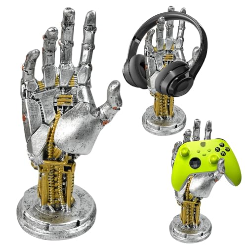 Byfoyif Cyberpunk Kopfhörerständer und Controller Ständer, Gaming Ständer Futuristisches Metalloptik Dekor Cyberpunk Kunstwerk Headset Halter Gamer Schreibtischdekoration-Roboterarm Tischdekoration