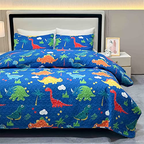 Vinilite Dinosaur Kids Quilt Sets For Boys Queen Size, 3Pcs Soft Microfiber Cartoon Quilted Bedspread Coverlet Bedding Set Children Reversible Bedding Comforter Set All Season With 2 Pillow Sham, Blue #TOP6
