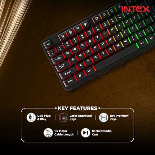 Image of Intex Flash Wired Keyboard (Corona+ IT-KB333) | 10-Mode RGB Lighting | 12 Multimedia Keys | Laser Engraved Keys | USB Plug & Play | 104 Keys | 5 Million Keystroke Lifespan | 1.5m Cable | Black