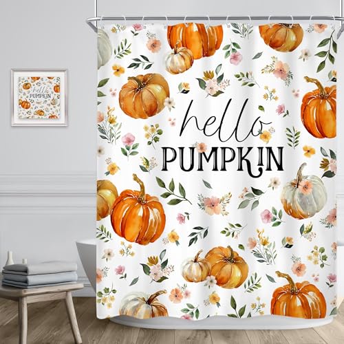 Image of Riyidecor Hello Pumpkin Floral Autumn Shower Curtain 60Wx72H Inch Cute Watercolor Flowers Fall Harvest Farmhouse Boho Plant Leaves Botanical Bathroom Decor Fabric Polyester Waterproof 12 Pack Hooks