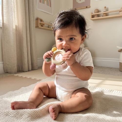 Image of Blushbaby Silicone & Wooden Baby Teether for 3+ Months Babies | BPA Free Soft Chew Teething Ring for Infants & Newborns | Safe Sensory Teether for Gum Relief | Round Shape | Beige