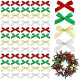 MEORLUSY 60PCS Mini Bows for Craft 1.5"*2"Small Satin Ribbon Bow Tiny Premade Bows for DIY Gift Wrapping Mini Sewing Bowknots Decoration for Tree Party Cake Baby Shower (Red+Green+Gold+Silver)