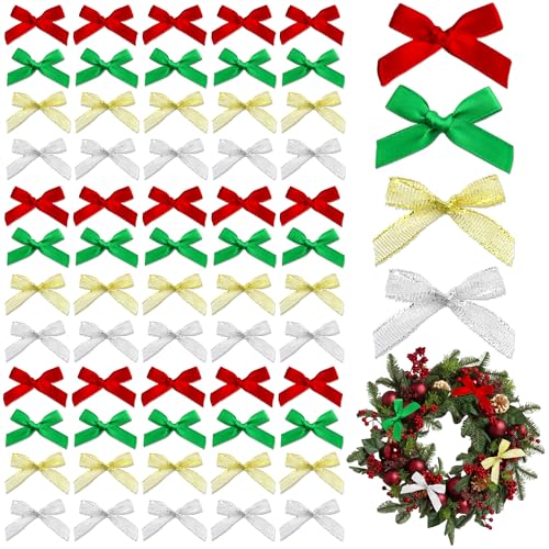 MEORLUSY 60PCS Mini Bows for Craft 1.5"*2"Small Satin Ribbon Bow Tiny Premade Bows for DIY Gift Wrapping Mini Sewing Bowknots Decoration for Tree Party Cake Baby Shower (Red+Green+Gold+Silver)
