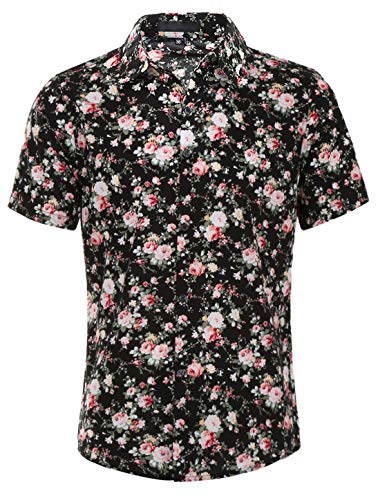 uxcell Men's Summer Floral Printed Short Sleeves Shirt Button Down Beach Hawaiian Shirt Black 38