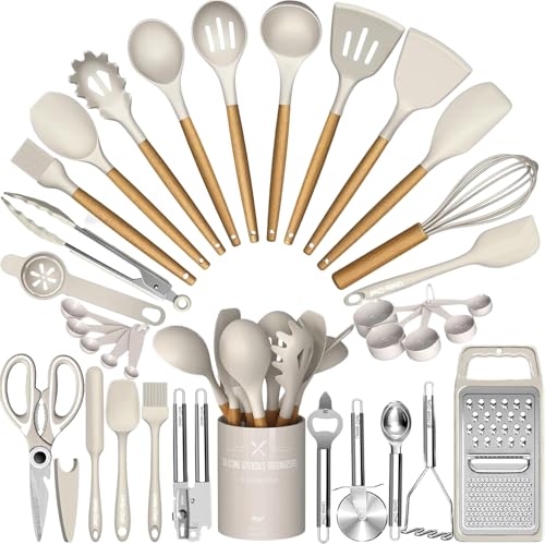 Cooking Utensils Set- Umite Chef Khaki Silicone Kitchen Utensils Set, 34PCS Heat Resistant Kitchen Gadgets Tools Set with Grater, Wooden Handle Kitchen Spatula Set for Nonstick Cookware