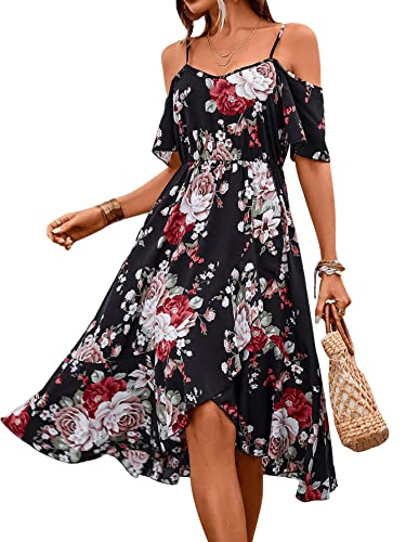 SweatyRocks Women's Floral Print Short Sleeve Cold Shoulder Dress Asymmetrical High Low Ruffle Midi Dresses