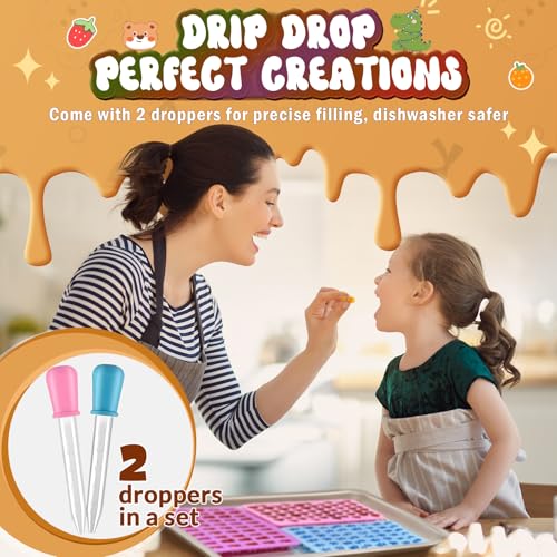 Image of Gummy Bear Molds Silicone Mini Size, Non-stick Chocolate Candy Gummy Mould for Kid with 2 Droppers Including Dinosaur, Bear, Hearts and Donut Shape 201 Cavities