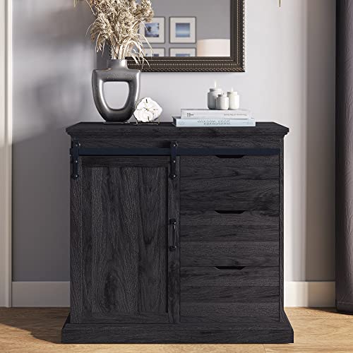 Belleze Sideboard Buffet Cabinet With Storage Console Table Coffee Bar Storage Cabinet With 1 Sliding Barn Door And 3 Drawers For Living Room Kitchen Dinning Room, Rustic Gray-31.5" L X15.7 Wx31.8 H #TOP18