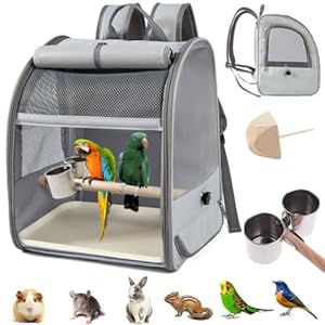 Transportbehälter für Vögel,Rucksack für Vögel mit Holzstab,Vogel transportbox,mit Edelstahl-Clip-Cups,tragbare Vogelträger Reisetasche,1 Backenzahnstein,1 Kunststoffpalette