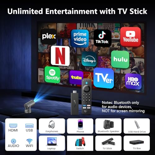 Image of Portable Projector with Built-in Apps & Rechargeable Battery, Mini Projector with WiFi and Bluetooth, Electric Focus, Auto Keystone, 210 Rotatable Stand for Outdoor Movies & Travel( Iron Gray)