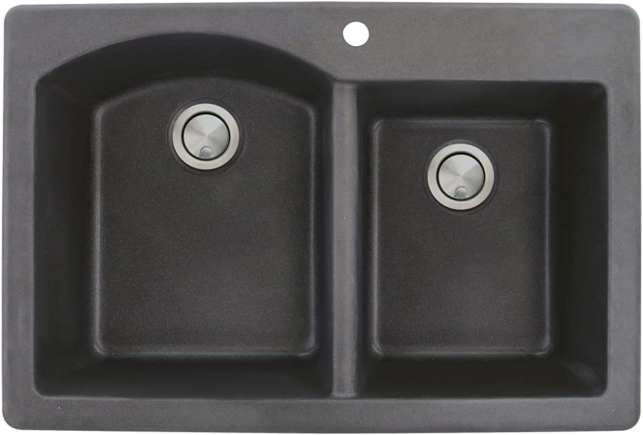 Transolid ATDD3322-09 Aversa 33-in x 22-in x 9.5-in Granite 1-3/4 D-Shaped Double Offset Drop-in Kitchen Sink with 1 Pre-Drilled Faucet Hole, Black