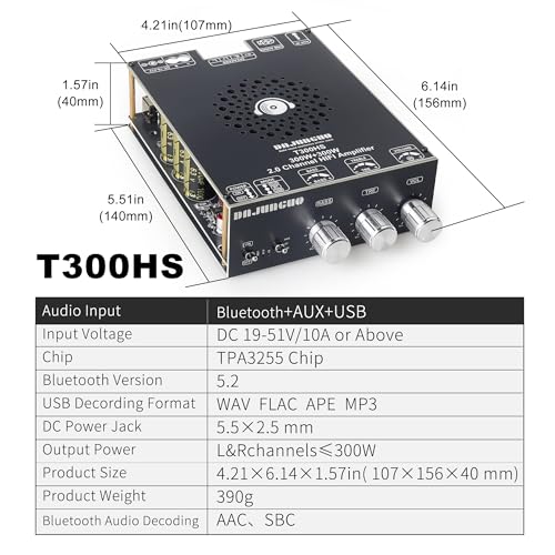 Image of T300HS 2.0 Channel 600W Bluetooth Power Amplifier Board, TPA3255 Chip, Vehicle Amplifier with Bluetooth /AUX /USB Inputs for DIY Speaker