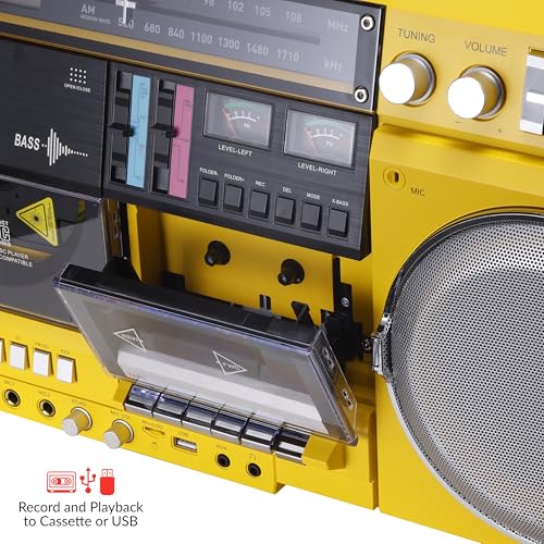 aiwa Retro Boombox CD Player with Cassette Recording, Bluetooth 5.0, FM/AM Radio, USB/SD/AUX Inputs, VU Meters, LCD Display, Dual 40W Speakers - Yellow