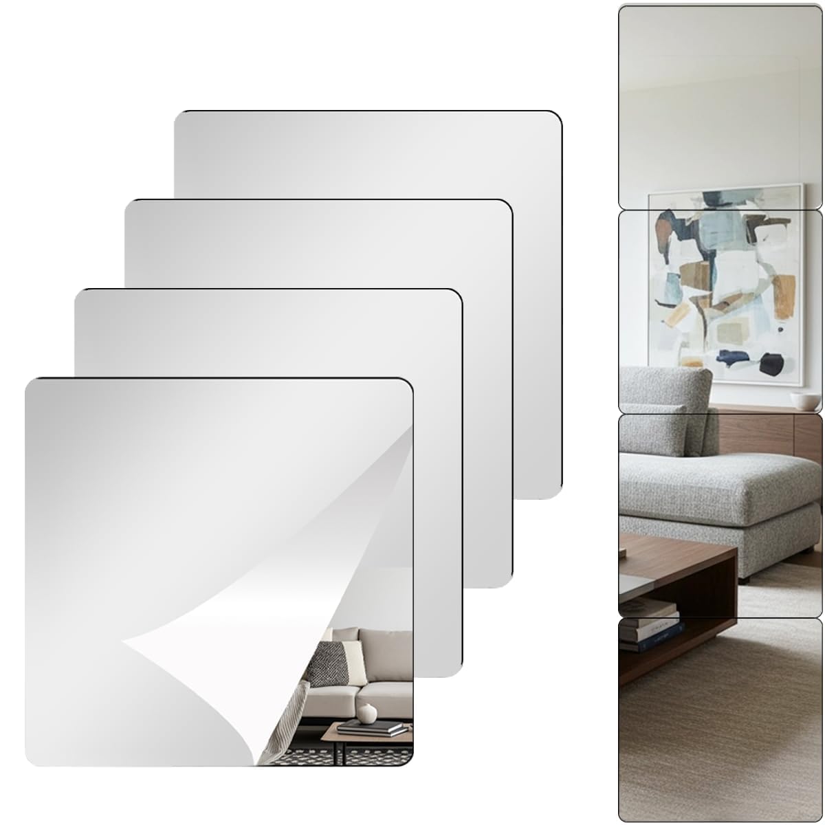 BOYIVI 4Pcs Acrylic Mirror Tiles 6 Inch Self-Adhesive Shatterproof Panels for Wall Decor Wall Mounted Mirror Glass Frameless