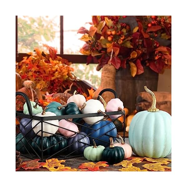 Ywlake Pumpkin Fall Decorations 16pcs, Decorative Large Small Outdoor Blue Green Pink Teal Foam Plastic Fake Faux Artificial Pumpkins for Halloween Autumn Harvest Festival Home Table Decor - Image 3