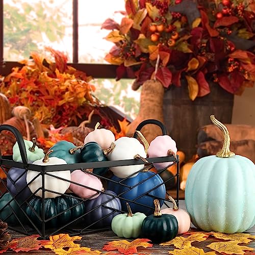 Ywlake Pumpkin Fall Decorations 17pcs, Decorative Large Small Outdoor Blue Green Pink Teal Foam Plastic Fake Faux Artificial Pumpkins for Halloween Autumn Harvest Festival Home Table Decor - Image 3