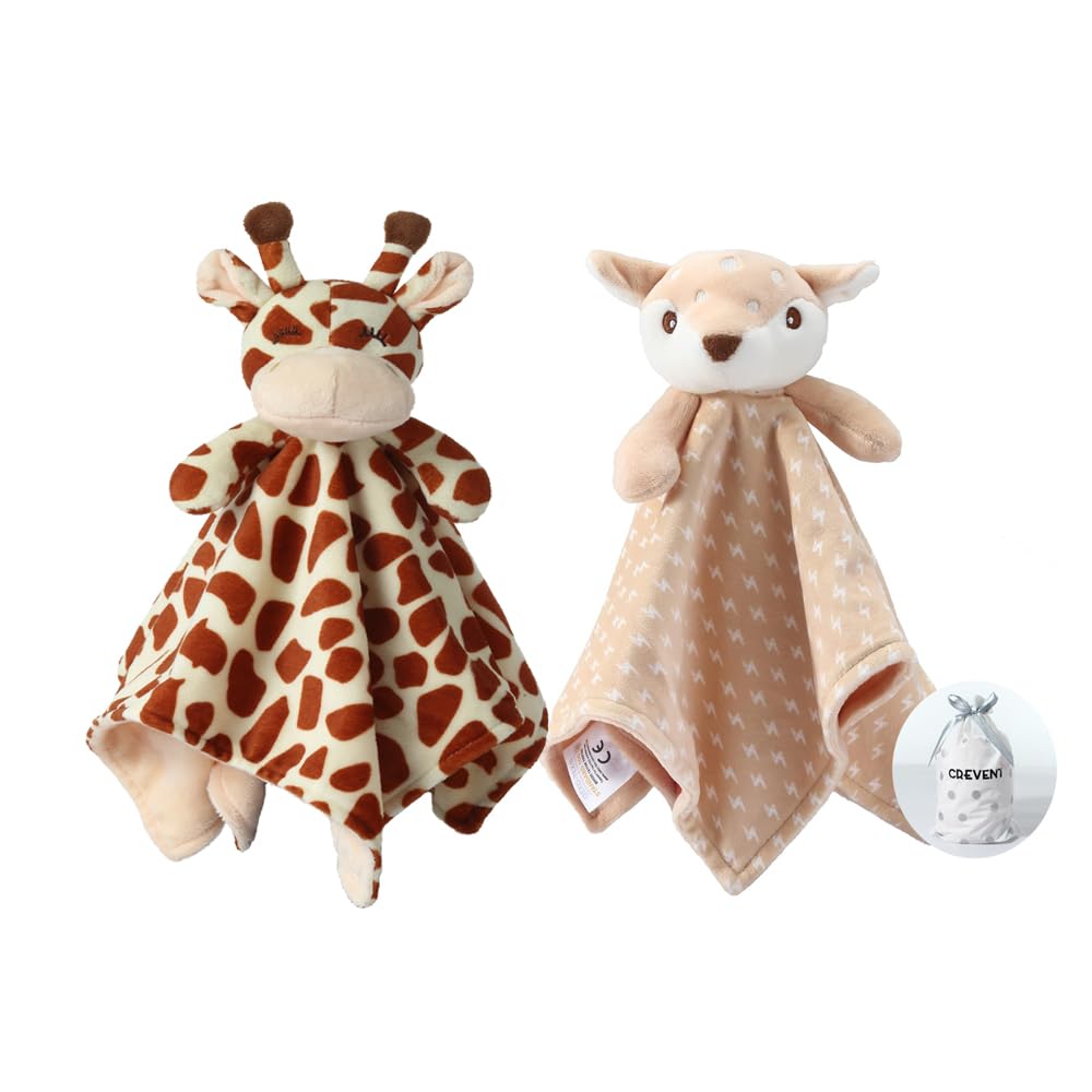 CREVENT Cozy Plush Baby Security Blanket, Loveys for Baby Girls and Boys, Birthday (Deer+Giraffe)