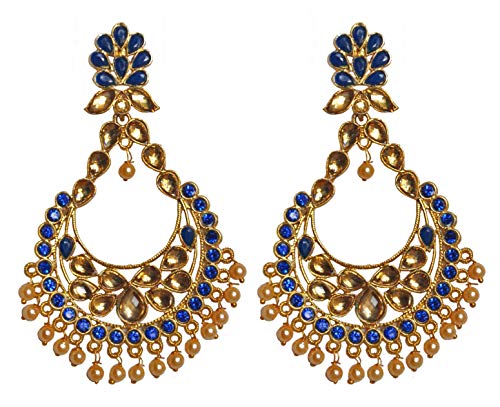 Pahal Bollywood Jadau Blue Kundan Chandbali Long Gold Jhumka Earrings Indian Traditional Wedding Jewelry for Women