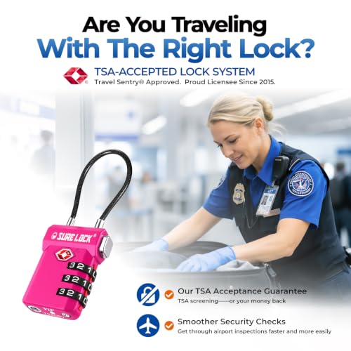Image of SURE LOCK TSA Compatible Travel Luggage Locks, Inspection Indicator, Easy Read Dials (ROSE RED 2 PACK)