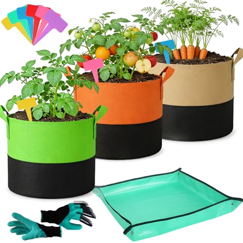 CHMMY Sac de Plantation Lot de 3, Sacs à Patates de 10 Gallons avec Gants Tapis de Jardin et étiquettes Plantes, Sacs de Plantation pour Pommes de Terre, Légumes et...