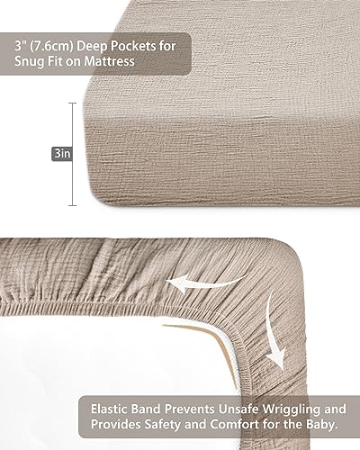Image of Pack and Play Sheets for Baby Boys and Girls 39 inchx27 inchx3 inch, Neutral Muslin Cotton Pack N Play Mattresses Sheet with Boho Style, Soft and Breathable Comfort (Beige)