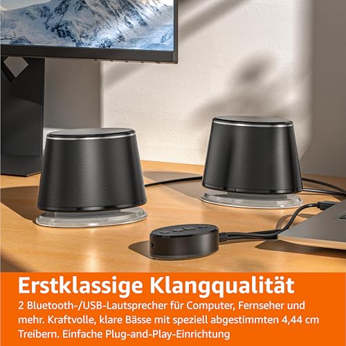 Amazon Basics Bluetooth und USB Lautsprecher mit blauer Beleuchtung für PC, Groß, schwarz