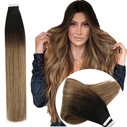 Sunny Ombre Tape in Hair Extensions 20 inch Natural Hair Balayage Color #2 Darkest Brown to Medium Brown Mixed #27 Caramel Blonde Real Human Hair 50G 20Pcs