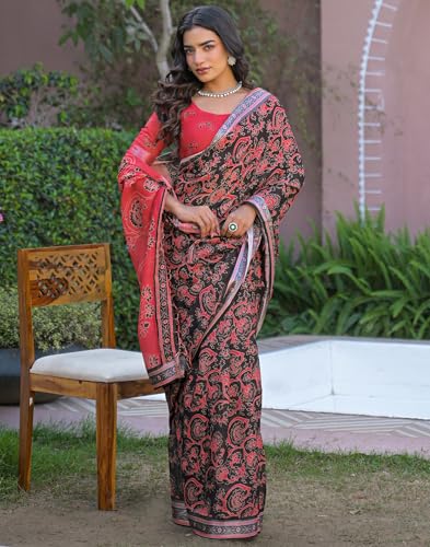 Image of SIRIL Women's Printed Cotton Saree with Unstitched Blouse Piece