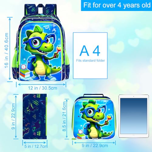 Image of 16 inch Dinosaur Backpack for Boys, 3Pcs Bookbag with Lunch Box, Kids School Backpacks Set for Elementary Preschool Kindergarten (Green)