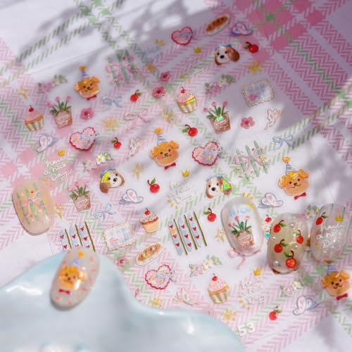 Image of Cute Nail Stickers Dog Bear Nail Art Stickers Cake Nail Decals 5D Embossed | With Flower Design Nails Charms Self Adhesive Nail Decals for Nail Art for Women Manicure Decoration Accessories 1 Sheets