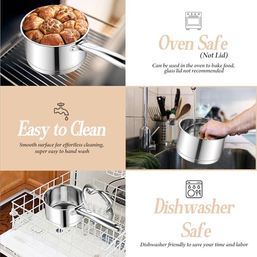 Onader 14cm Saucepan, Stainless Steel Tri-Ply Base Milk Pan with Glass Lid, Induction Cooking Pan Suitable for All Kitchen Cooktops, Non-Toxic & Heavy Duty & Easy Clean - 1L - Image 6