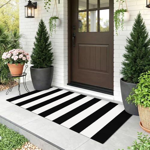 KOZYFLY Black and White Striped Runner Rug 2x4.3 ft Doormat Cotton Woven Washable Indoor Outdoor Rug Small Front Door Rugs for Entryway Porch Kitchen Patio Laundry Room