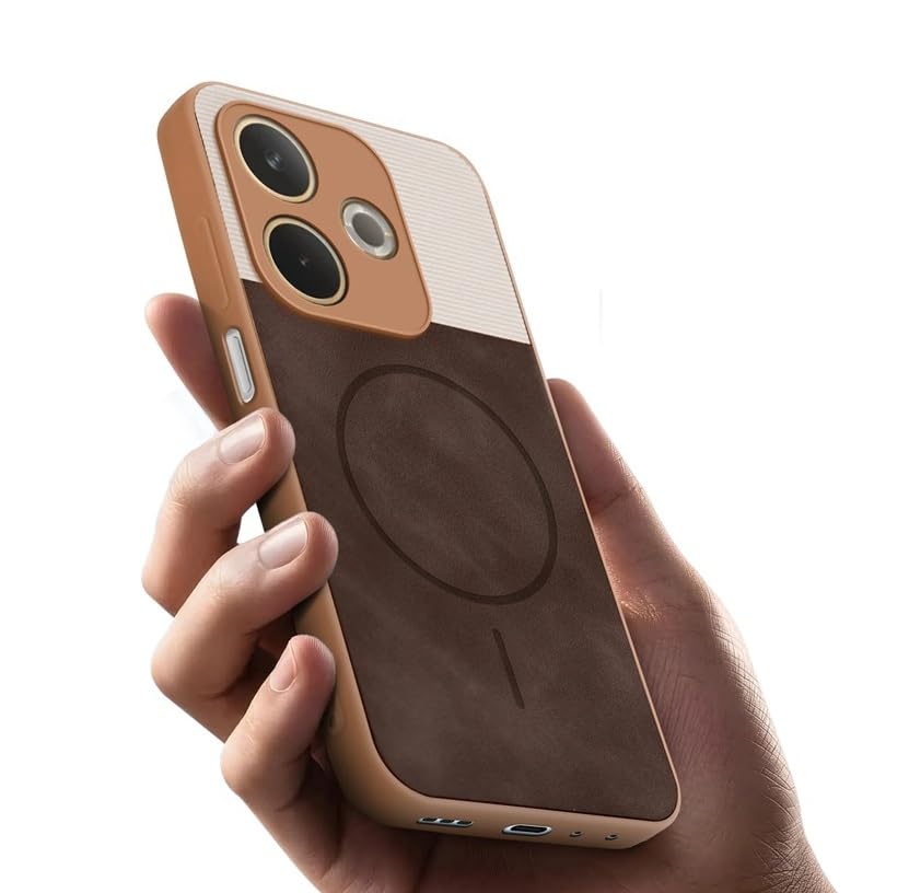 Image of Bintage CASE Mac Safe Design Hard Light Weight Back Case | Soft Border Camera Protect | Dual PU Leather Finish Back Cover Compatible for Mi Poco M6+ 5G - White & Cherry Brown