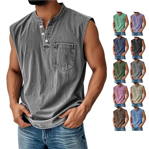 Mokaloha Mens Sleeveless Shirts, Men's Vintage Washed and Distressed Cotton Button-Down Stand Collar Pocket Henley Shirts