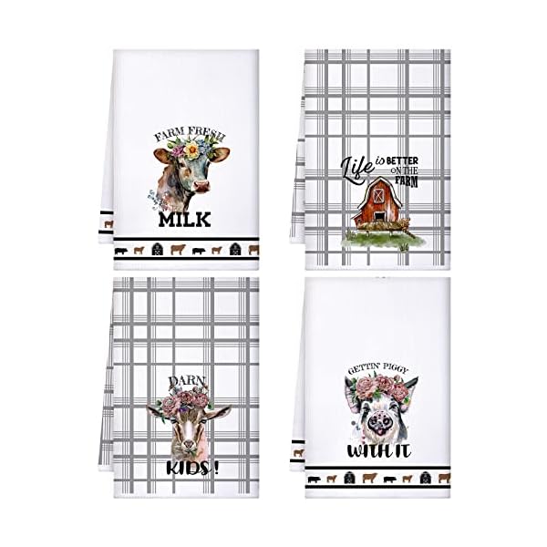 Mixweer Set of 4 Funny Farm Animal Kitchen Towels Floral Crown Cow Dish Towels Watercolor Farmhouse Goat Pig Print Dish Towel Absorbent Hand Towels for Housewarming Gift 15.75 x 23.62 in
