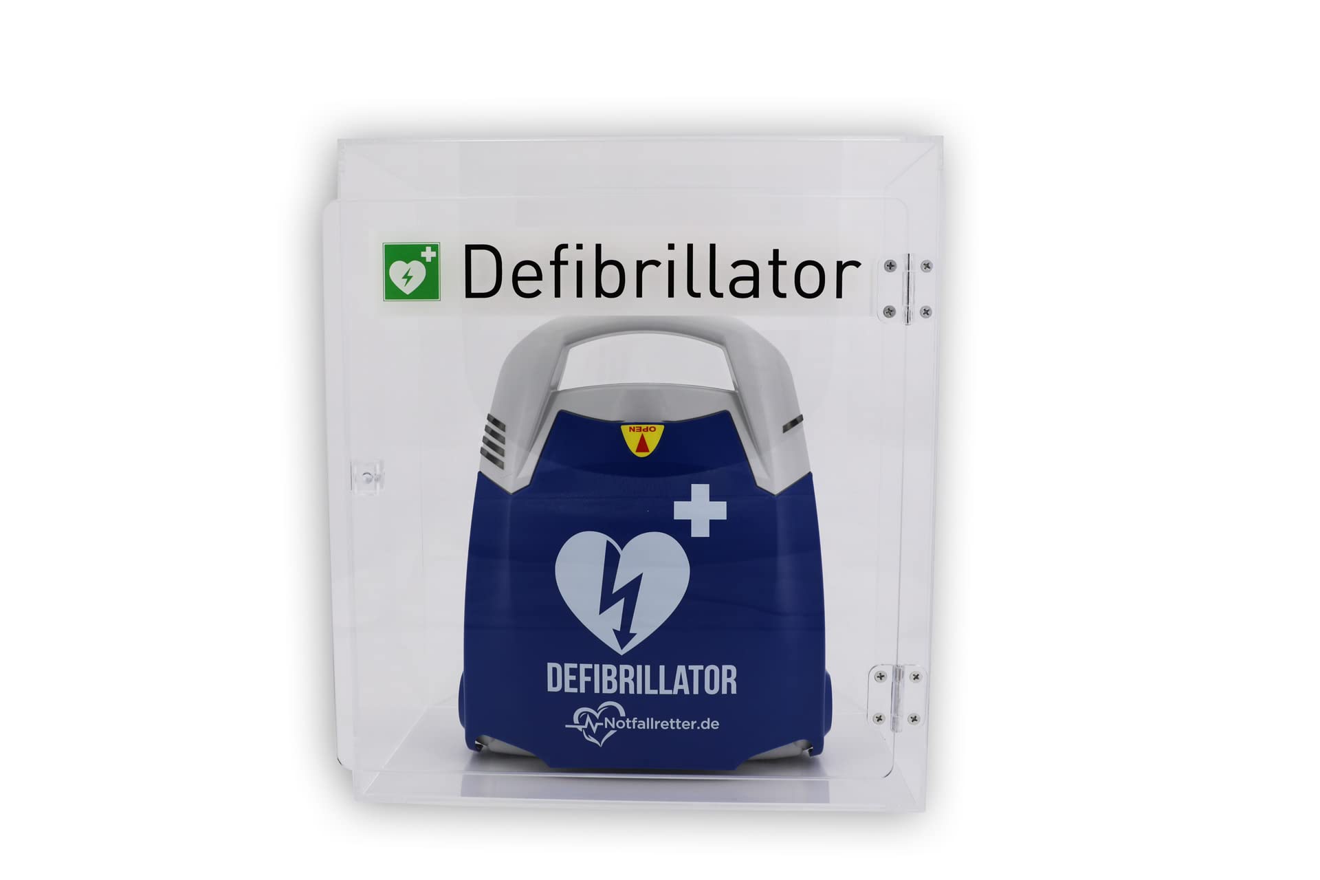 Notfallretter® Defibrillator AED Basic, 10 Jahre Garantie Schiller Deutschland, mit vollauto. Schockauslösung, HLW-Unterstützung, Design-Acrylglaswandkasten + AED Standortwinkel, Vollausstattung, MDR