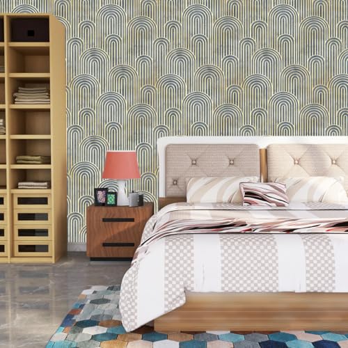 Image of Wallpaper Self Adhesive Wall Covering Elegant Semi-Circular Arches with Gold and Gray Concentric Lines (41cm x 244cm)