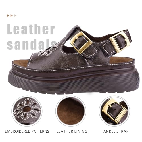Women's Floral Brown Platform Sandals Adjustable Buckle with Non-Slip Sole T-Strap Comfort Open Toe Slip On Summer Beach Sandals2