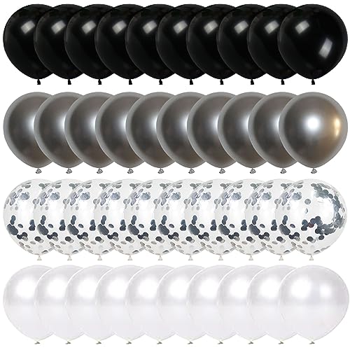 60pcs 12inches Sliver and Black White Balloons Set, Black White Sliver 60 Balloons, Sliver Black White Balloons for Graduation Birthday Wedding Anniversary Baby Shower Party Decorations