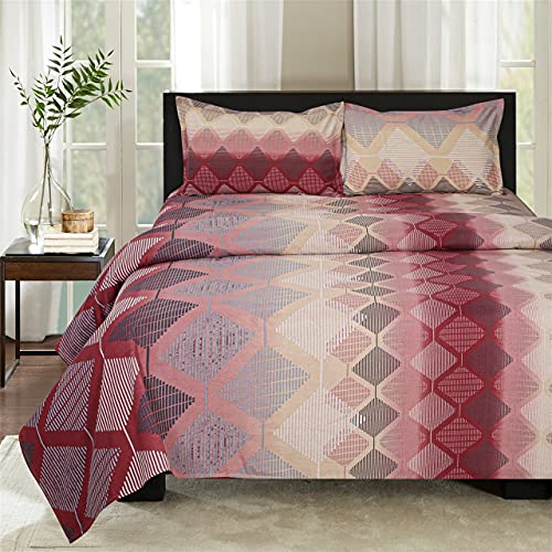 Image of Swayam Roto Cotton Double Bedsheet with 2 Pillow Covers | Size 90 x 100 inch | 144 TC | Geometric Design | Soft Breathable Bed Sheet | Comfortable & Durable for Bedroom - Red