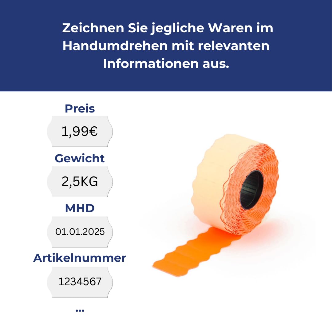 POKORNYS – 54.000 selbstklebende Etiketten für Preisauszeichner (orange / 26x12mm) I permanent haftend I Kennzeichnung mit Preis, Datum ... I Preisetiketten für Handauszeichner mit Wellenrand