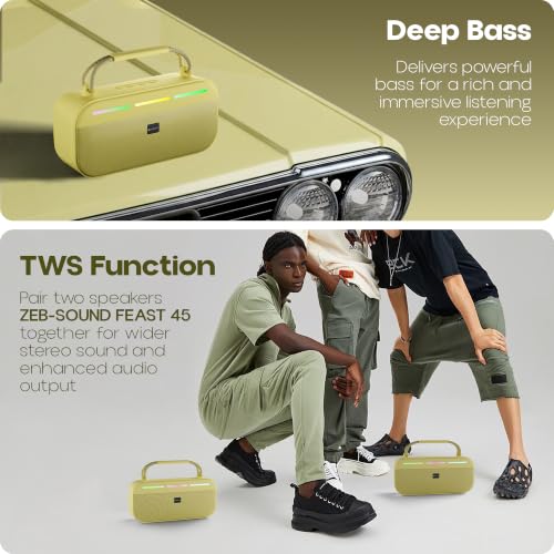 Image of Zebronics Sound Feast 45 Portable Bluetooth Speaker, 20W RMS, Up to 5h Playback, 6.6cm Driver, Deep Bass, 4 RGB Modes, BT v5.4, USB, mSD, FM Radio, TWS, Type-C Charging, Carry Handle (Yellow)