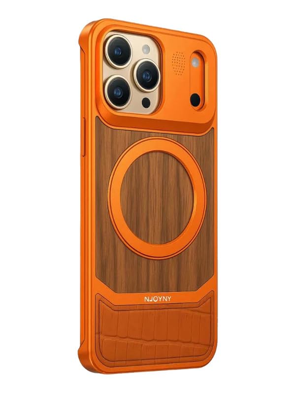 Image of Bezel-Less Slim Natural Wood Case Compatible with iPhone 17 Pro with Magnetic Ring |Cloth Aroma Therapy Wooden Case - Orange