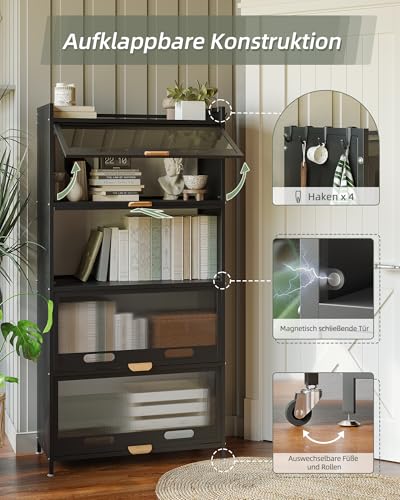 NETEL Rostfreies 5-stufiges Küchenregale Stehend, Küchenschrank mit Rollen und Füße, Mikrowellenschrank, Bäckerregal, Standregal, Lagerregal für Küche Wohnzimmer mit Sichtbare Türen, Vintage, Schwarz