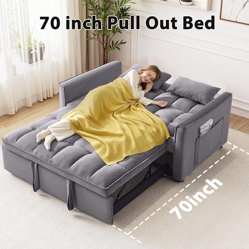Yubefaso Sleeper Sofa Bed,55'' Convertible Pull Out Couch with Side Pockets,Velvet Fabric Loveseat Sleeper Sofa with Adjustable Backrest for Living Room,Bedroom,Apartment and Small Space, Darkgrey - 2