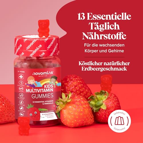 Multivitamin Kinder Gummibärchen - mit Vitamin C, D, B6, B12, Jod, Zink - Multivitamin Tabletten Alternative - Vitamine Kinder - Glutenfrei Gummibärchen - 30 Gummies - Novomins