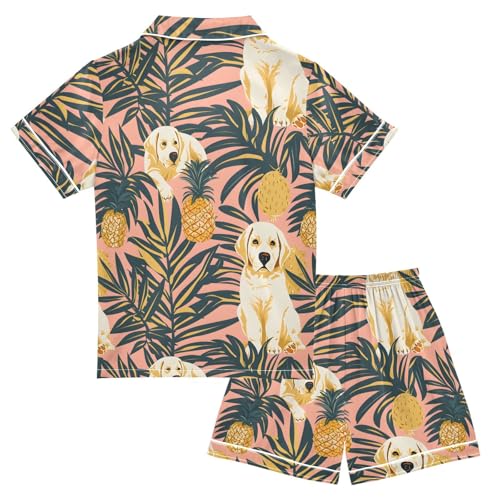 ALAZA Palm Leaves Pineapple Dachshund Dog Satin Pajamas Set Short Sleeve Button Down Sleepwear Summer Pjs 2 Piece2