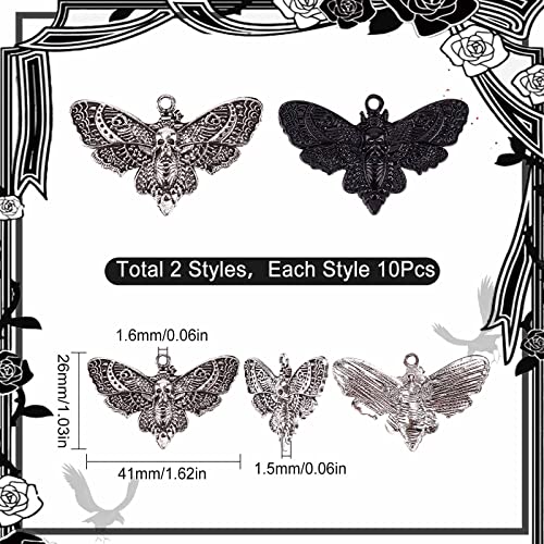 SUNNYCLUE 1 Box 20Pcs Moth Charms Gothic Charm Halloween Skull Skeleton Head Flying Animal Insect for jewellery Making Gothic Style Necklace Earrings Keychain DIY Craft Supplies - Image 2