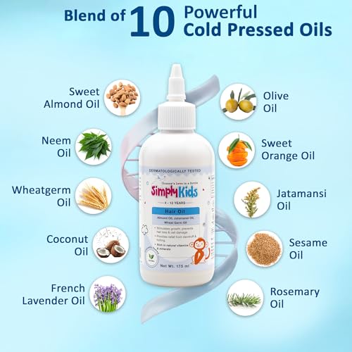 Image of Simply Kids Hair Oil for 4 to 12 years | 10 Coldpressed Oils Including Almond, Wheat germ & Jatamansi | Promotes Hair Growth, Reduces Hair Fall & Anti- Dandruff Hair Oil for Kids | SLS & Paraben Free | Dermatologically Tested Safe for Sensitive Skin | 175ml